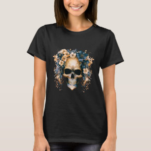 Camiseta Calavera azul y dorada Flores azules Halloween neg