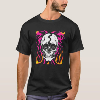 Camiseta Calavera Blanca con Gráfico de Llamas Rosadas y Na