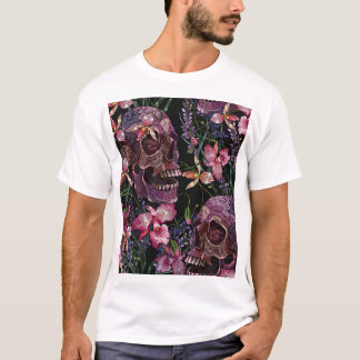 Camiseta Calavera bordada: Patrón de orquídeas góticas