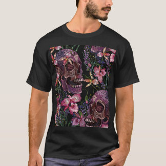 Camiseta Calavera bordada: Patrón de orquídeas góticas