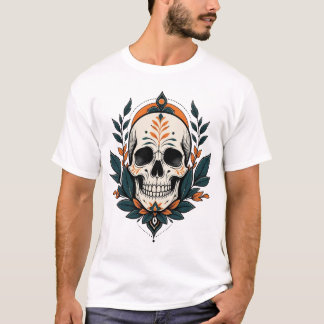 Camiseta Calavera Botánica Gótica con Hojas Verde Azulado O
