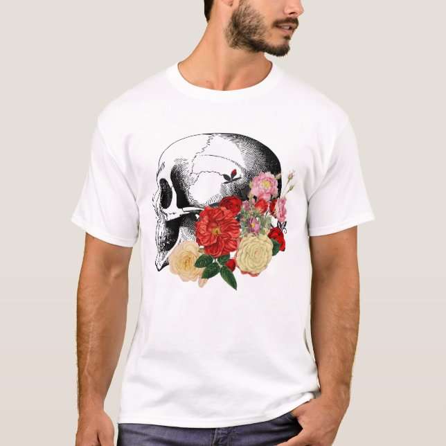 Camiseta Calavera con flores de colores. (Anverso)