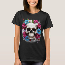 Camiseta Calavera con flores rojas blancas y azules