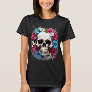 Camiseta Calavera con flores rojas blancas y azules