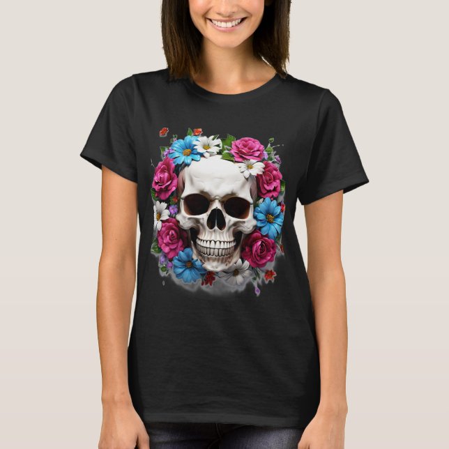Camiseta Calavera con flores rojas blancas y azules (Anverso)