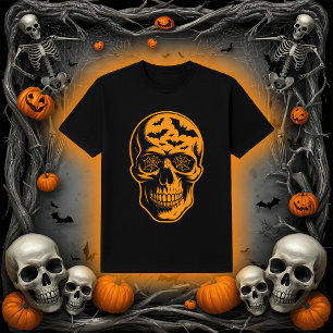 Camiseta Calavera con murciélagos y telarañas de Halloween