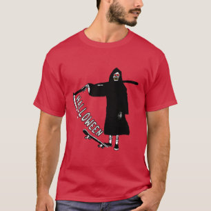 Camiseta calavera con patineta sosteniendo scythe halloween