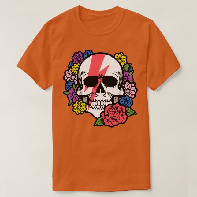 Camiseta Calavera con perno rojo y flores (Diseño del anverso)
