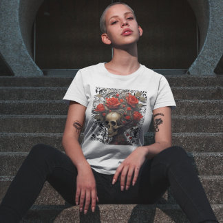 Camiseta Calavera Con Rosas De Pelo Salvaje En Hojas Vintag