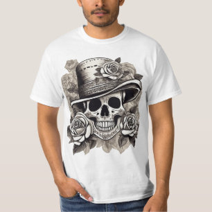 Camiseta Calavera con Rosas en Gorra - Arte floral gótico