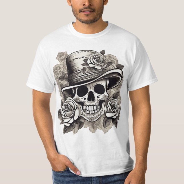 Camiseta Calavera con Rosas en Gorra - Arte floral gótico (Anverso)