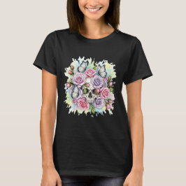 Camiseta Calavera con rosas rosadas y mariposas