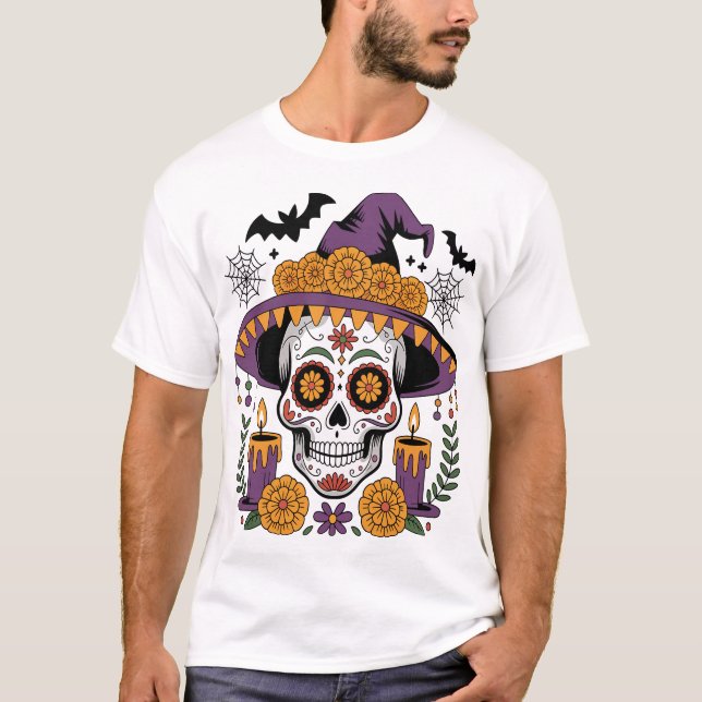 Camiseta Calavera con sombrero de bruja Vector de Halloween (Anverso)