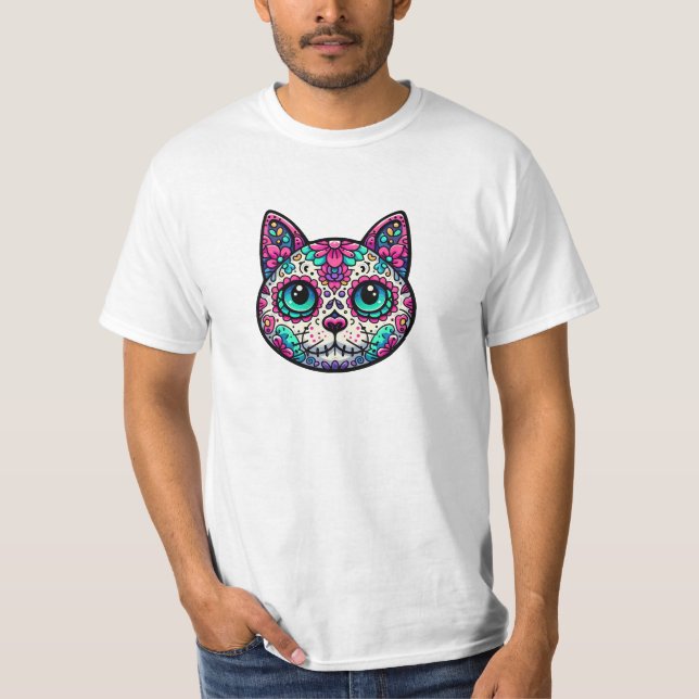 Camiseta Calavera de azúcar de gato colorida (Anverso)