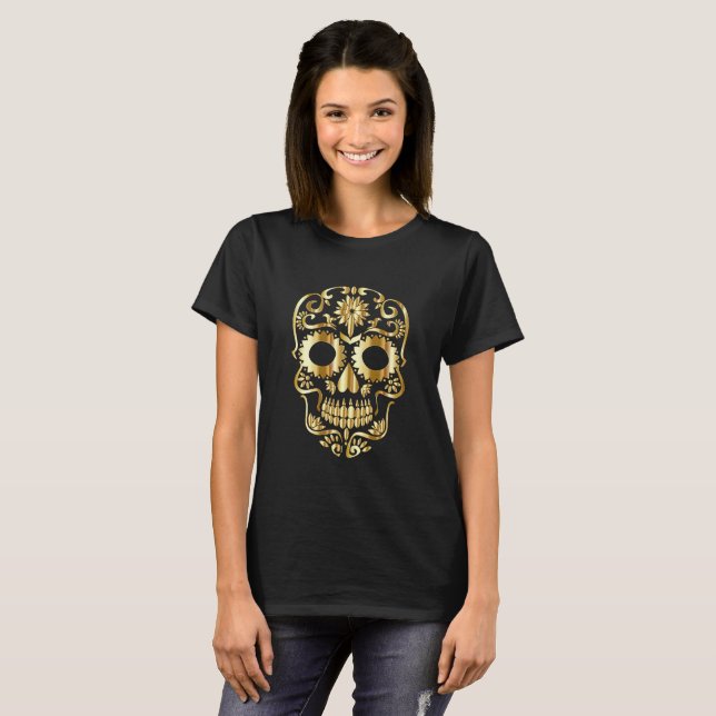 Camiseta Calavera de azúcar de oro en negro (Anverso completo)