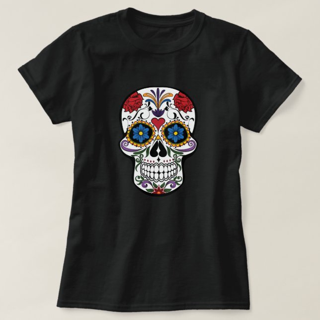 Camiseta Calavera de azúcar floral colorida (Diseño del anverso)