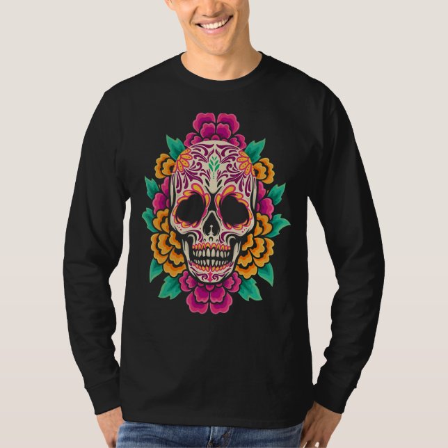 Camiseta Calavera de azúcar floral Dia De Muertos Mujeres_1 (Anverso)