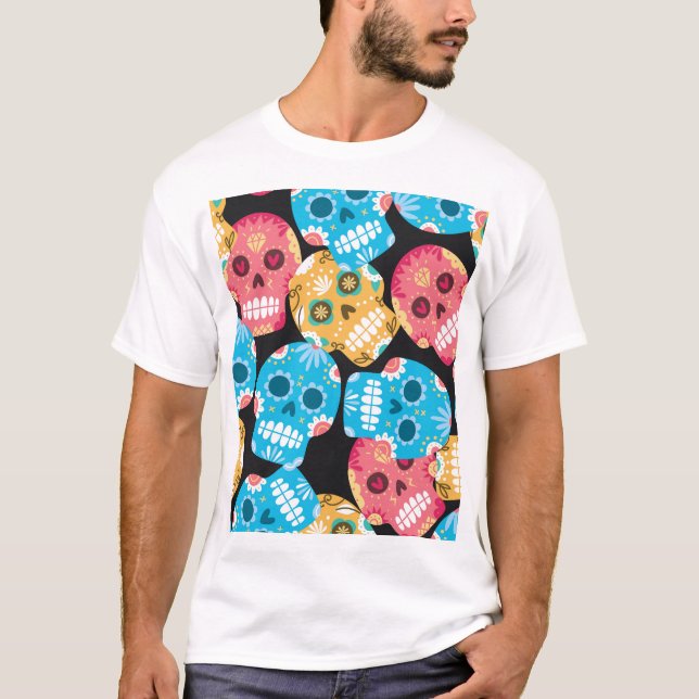 Camiseta Calavera de azúcar, fondo festivo sin costura. (Anverso)