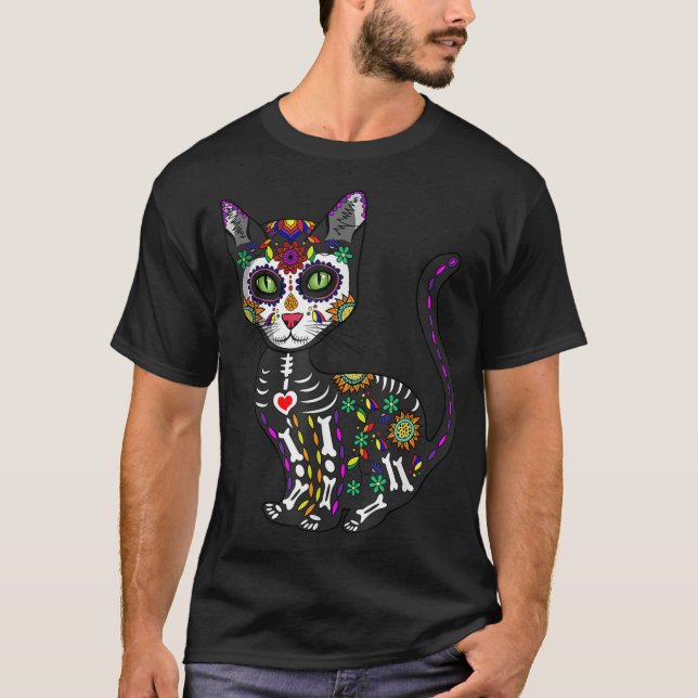Camiseta Calavera de azúcar Gato Mexicano Halloween Día De  (Anverso)