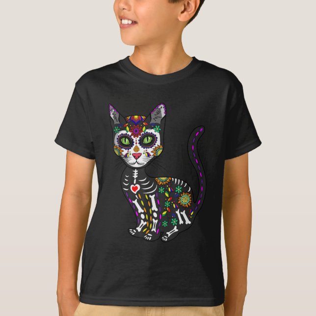 Camiseta Calavera de azúcar Gato Mexicano Halloween Día De  (Anverso)