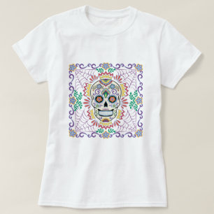 Camiseta Calavera de azúcar mexicana con flores azules