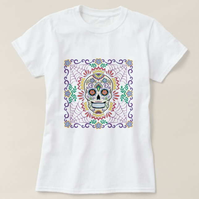 Camiseta Calavera de azúcar mexicana con flores azules (Diseño del anverso)