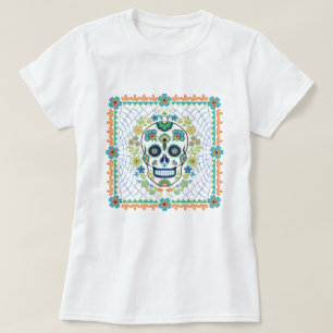 Camiseta Calavera de azúcar mexicana con flores de aqua
