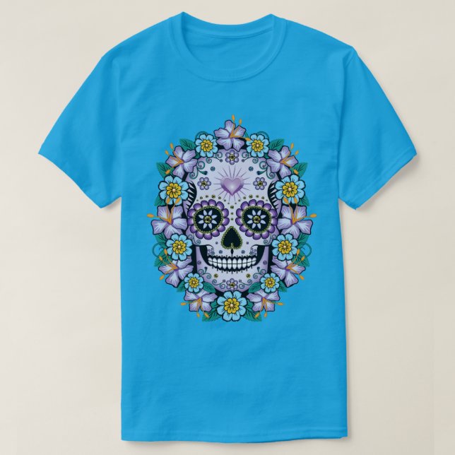 Camiseta Calavera de azúcar morado con flores (Diseño del anverso)