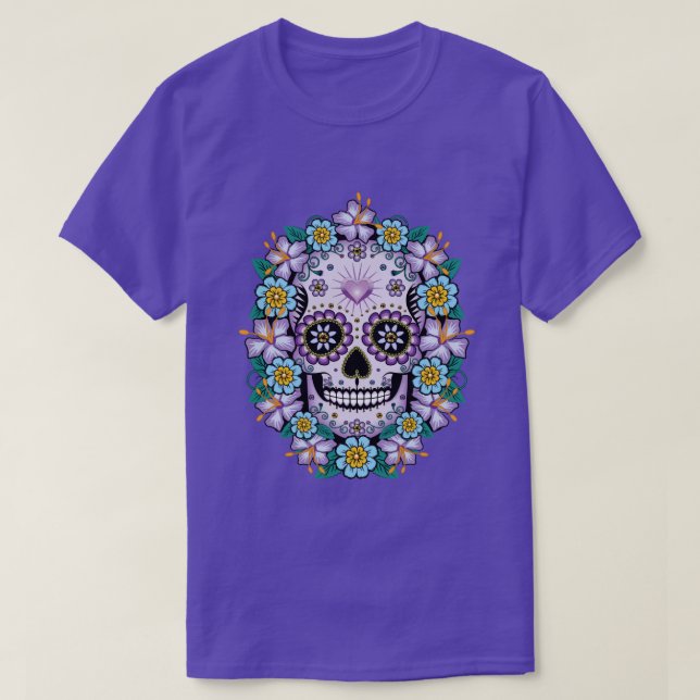 Camiseta Calavera de azúcar morado con flores (Diseño del anverso)