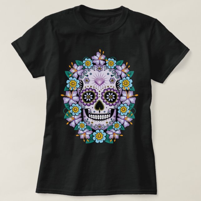 Camiseta Calavera de azúcar morado con flores (Diseño del anverso)