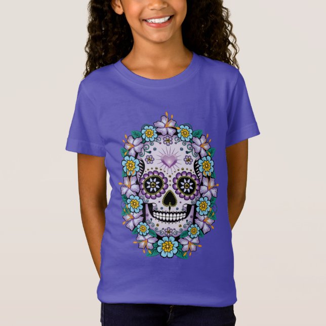 Camiseta Calavera de azúcar morado con flores (Anverso)