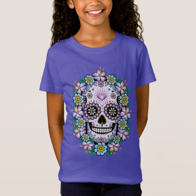 Camiseta Calavera de azúcar morado con flores (Anverso)