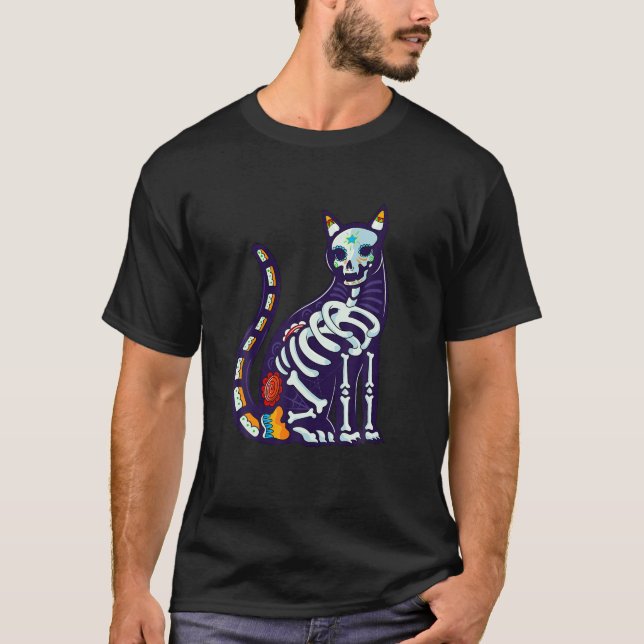Camiseta Calavera de azúcar suave gato mexicano Halloween D (Anverso)
