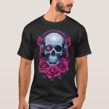 Calavera de cibermuerte en neón y Rosas negros