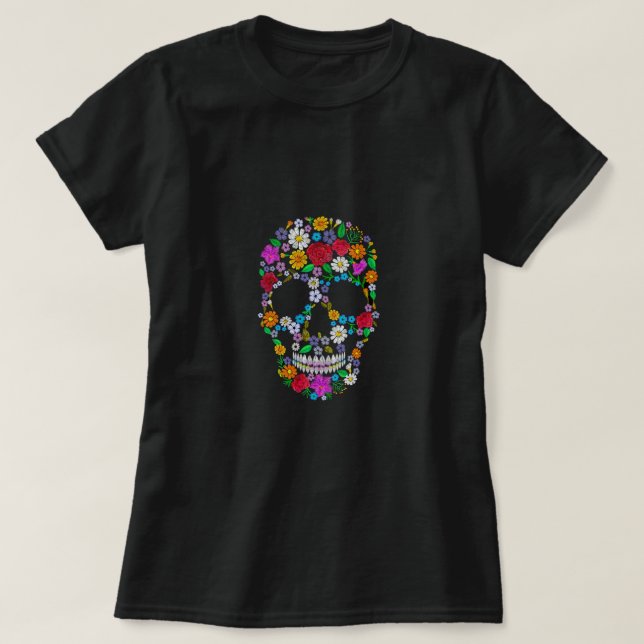 Camiseta Calavera de flores bordadas vectorial. muertos d (Diseño del anverso)
