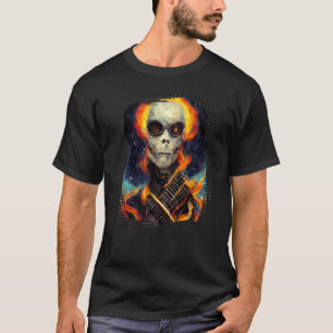 Camiseta Calavera de guitarra con llamas sobre la galaxia
