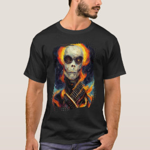Camiseta Calavera de guitarra con llamas sobre la galaxia_