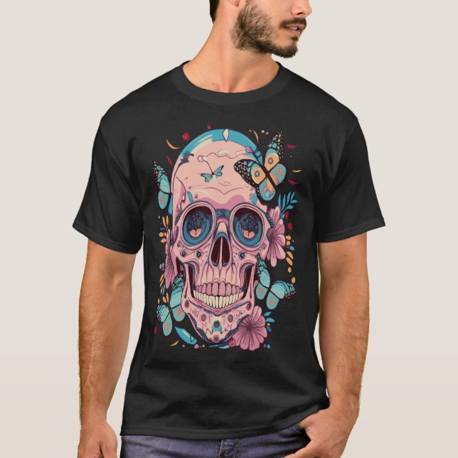Camiseta Calavera De Halloween Con Flores Y Mariposas (Anverso)