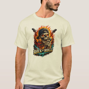 Camiseta Calavera de Rock And Roll Guitarra Fuego Música Vi