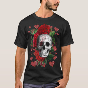 Camiseta Calavera de rosas rojas San Valentín Corazón Rojo 