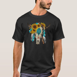 Camiseta Calavera de toro boho floral turquesa occidental
