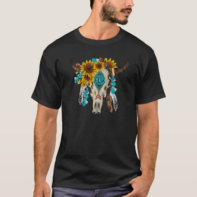 Camiseta Calavera de toro boho floral turquesa occidental  (Anverso)