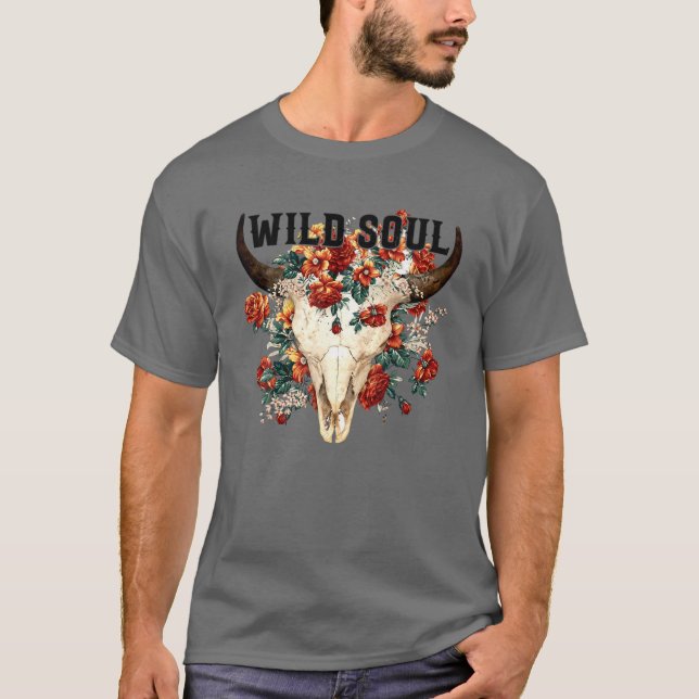 Camiseta Calavera de toro floral retro Alma salvaje Hippie  (Anverso)