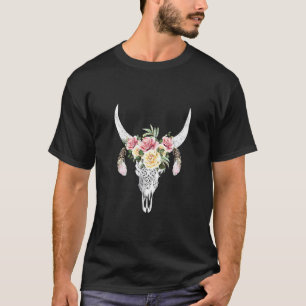 Camiseta Calavera de vaca con plumas y rosas amarillas y ro