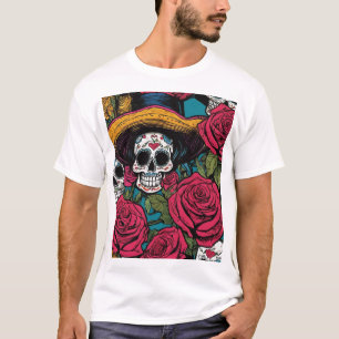 Camiseta Calavera decorativa con Sombrero y Rosas