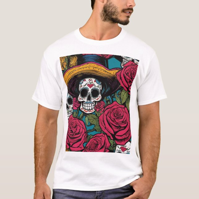 Camiseta Calavera decorativa con Sombrero y Rosas (Anverso)