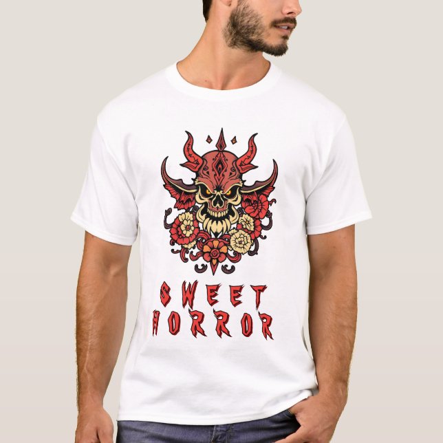 Camiseta Calavera demoníaca con ornamentos florales (Anverso)