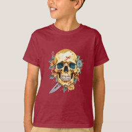 Camiseta Calavera dorada con un cuchillo y una flor