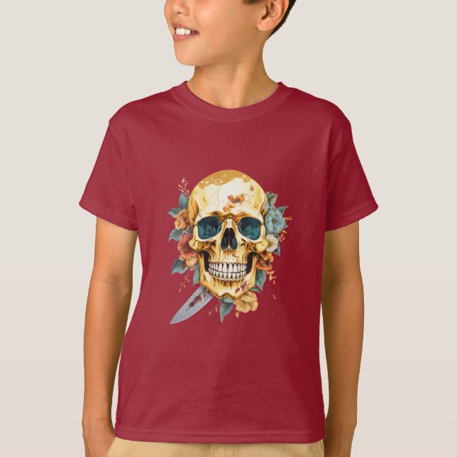 Camiseta Calavera dorada con un cuchillo y una flor (Anverso)