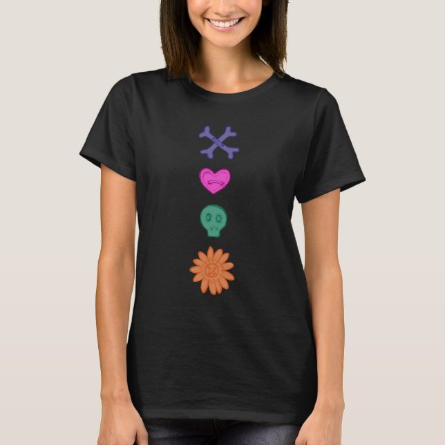 Camiseta Calavera, Flor, Corazón, Huesos Botones Asombrosos (Anverso)